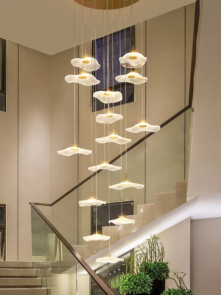 2024 New LED Lotus Leaf Design Staircase Modern Ceiling Chandelier Hotel Lobby Lustre Villa Kitchen Long Chandelier Lighting