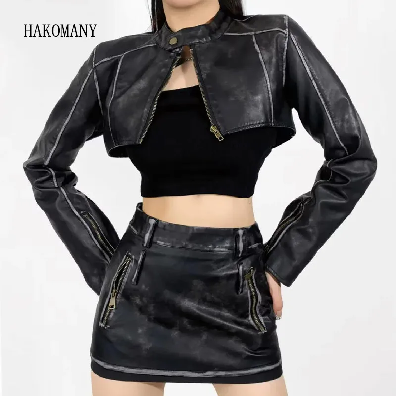 Veste en cuir PU taille haute pour femme, manteau court, manches longues, vintage, lavage, noir, rétro américain, vêtements d'extérieur, cool, 2023