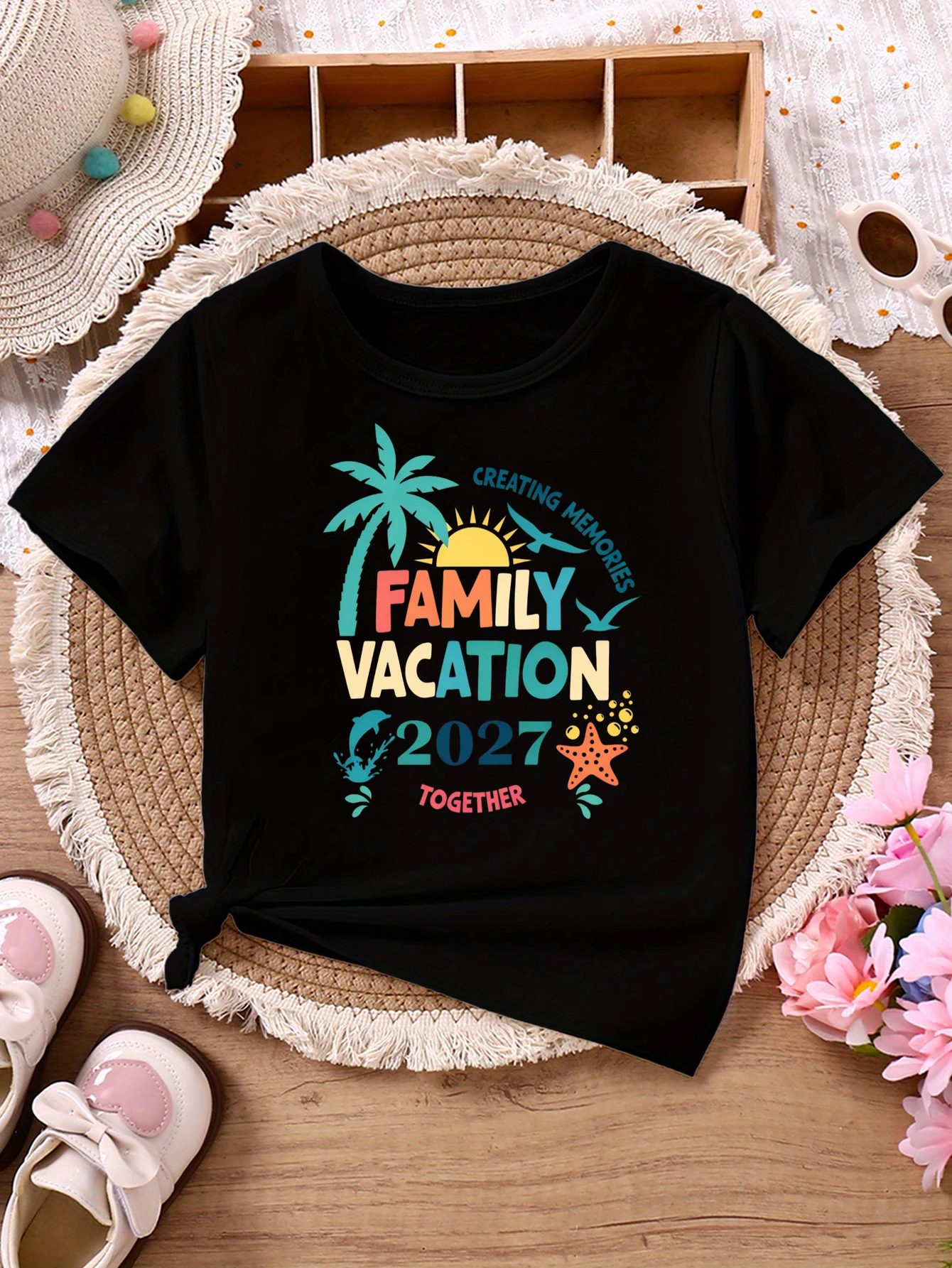 Family Vacation 2027 Creating Memories Together Printed T Shirt Girls/Boys Beach Vacation T-Shirt Funny Kids Clothes