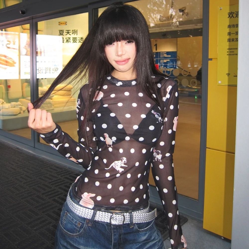 

SylCue сексуальные прозрачные футболки женские с животным принтом в горошек и круглым вырезом с длинными рукавами и пупком, открытые топы в уличном стиле Y2K для девочек