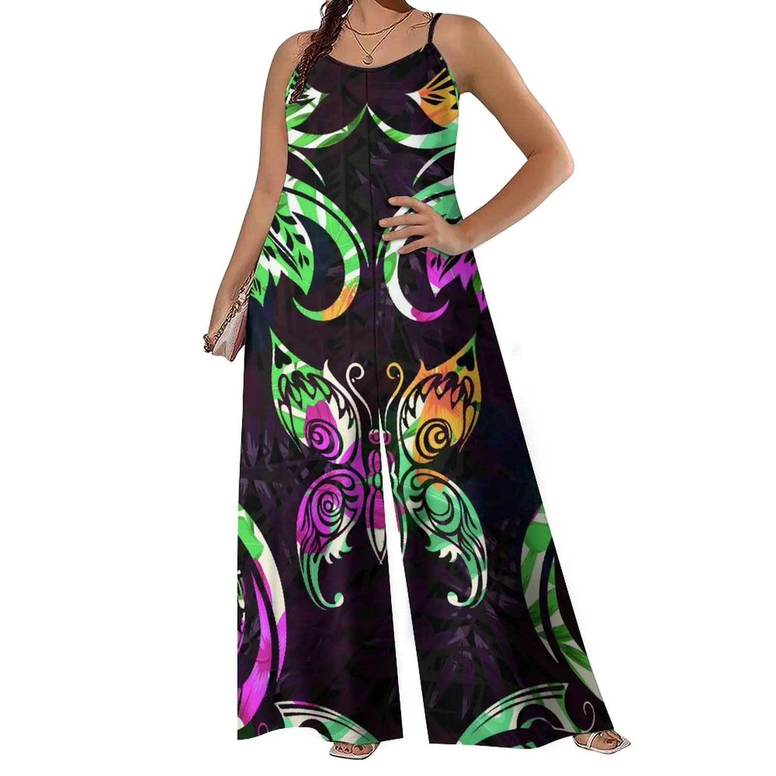 Factory Outlet Spaghetti Strap Sleeveless Lady Wide Leg Playsuits Polynesian Tribal Design Sublimation Print Yellow Rompers