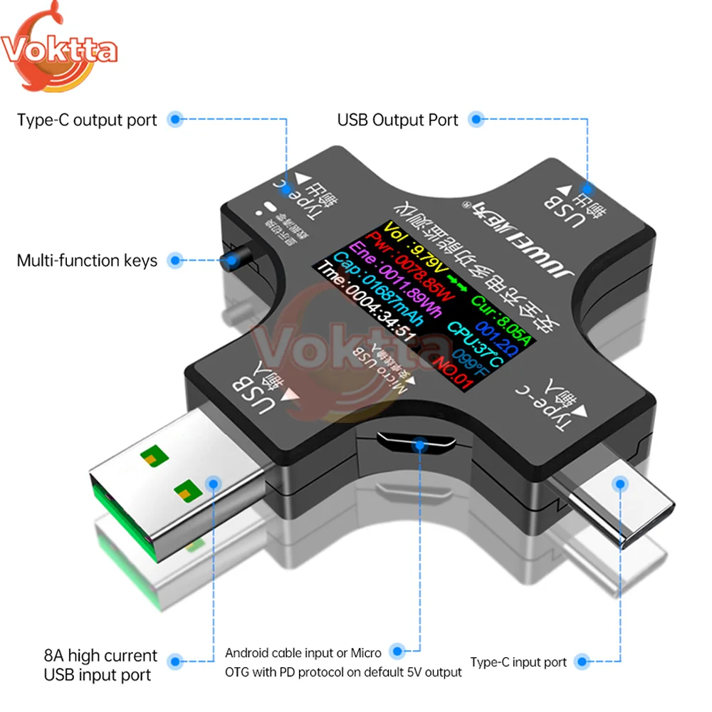 USB Tester DC Type-C PD Digital Voltmeter Battery Capacity Tester Voltage Current Monitor Power Bank Charger Detector DC 4-30V