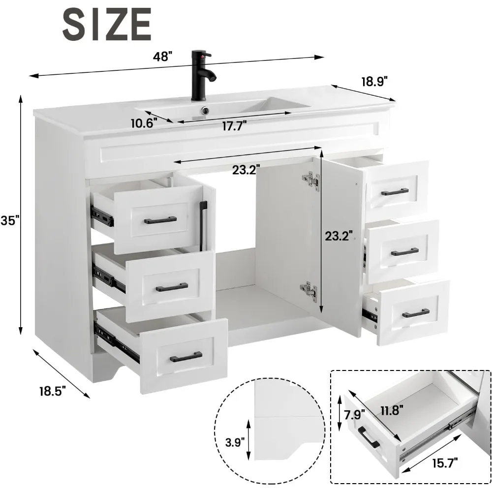 48” Bathroom Vanity with Ceramic Sink Combo, White Bathroom Cabinet with Soft Closing Doors & Drawers,Bathroom Storage Cabinet