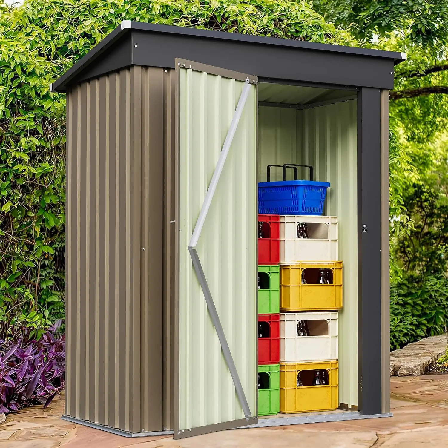 5x3 FT Outdoor Storage Shed, Metal Garden Sheds Outdoor Storage House with Single Lockable Door for Backyard Patio Lawn, Brown