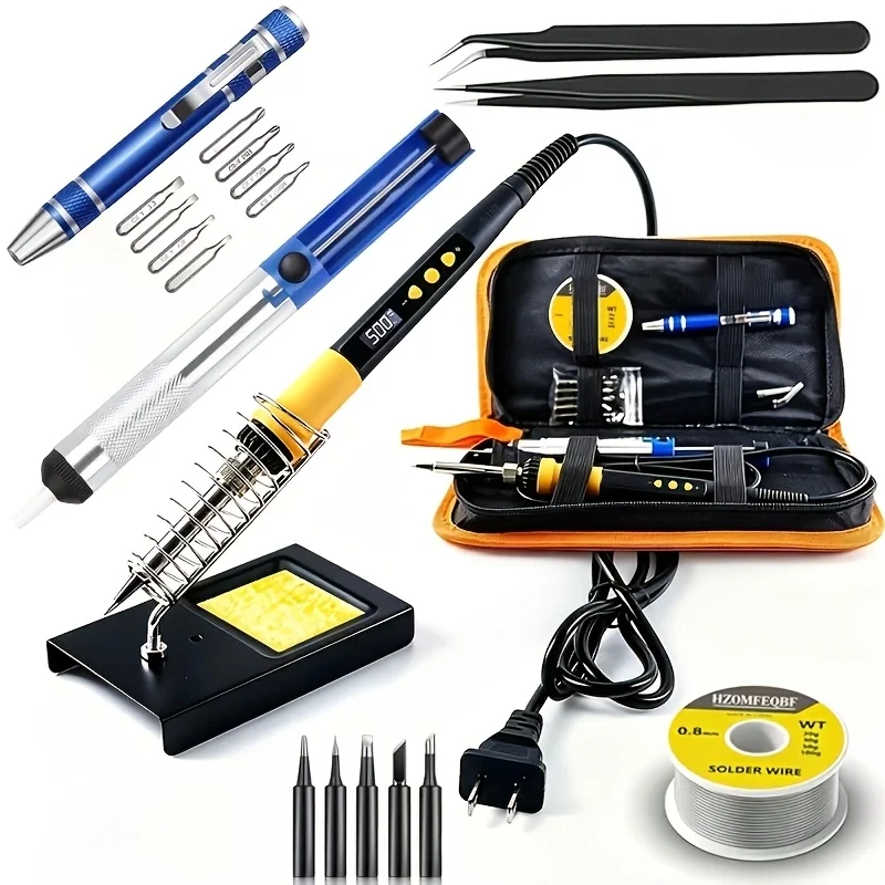 Digital Adjustable Temp Soldering Iron Kit Constant Temperature Soldering Tool with Desoldering Pump, Tips, Tweezers Storage Bag