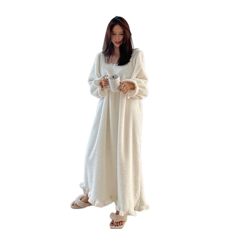 

Women's Clothing Plus Size Coral Fleece Pajama Set Long Skirt Autumn and Winter Keep Warm Flannel Homewear Dress Comfortable