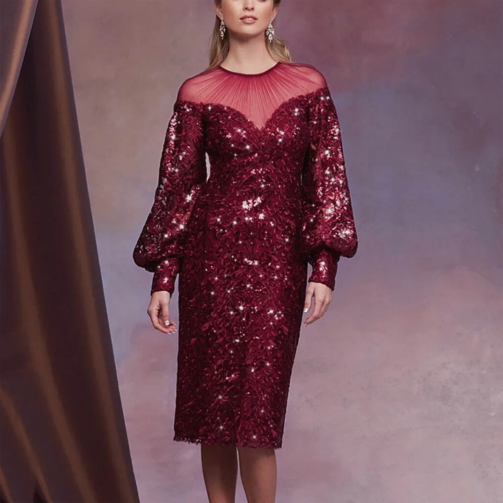 

Luxury Burgundy Sequined Dresses for Women Transparent Full Sleeve Sheath Package Hips Mid Calf Elegant Birthday Party Dress Hot