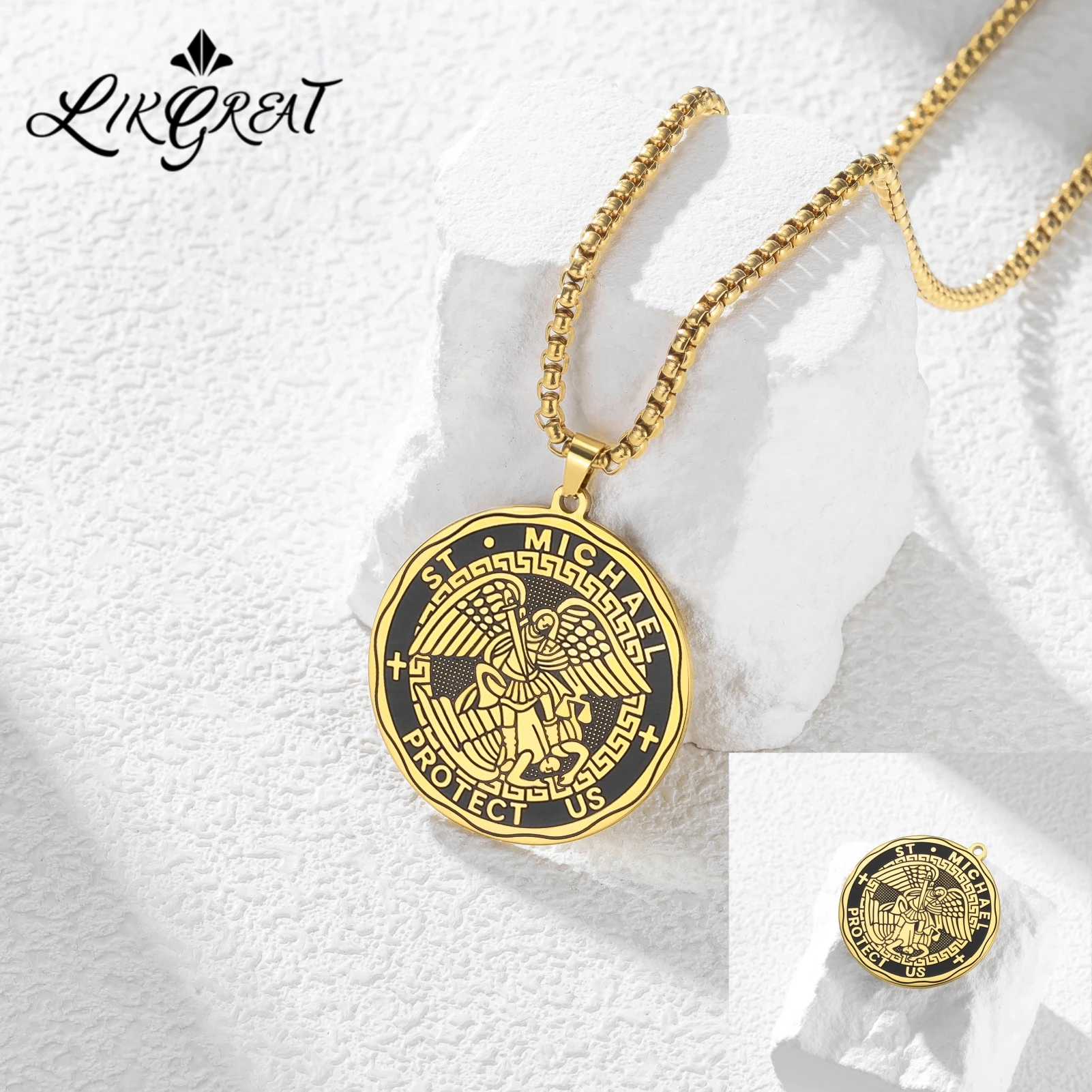 Collier pendentif médaille Saint Michel Archange Protégez-nous en acier inoxydable, croix religieuse, amulette, bijou de protection de la foi catholique
