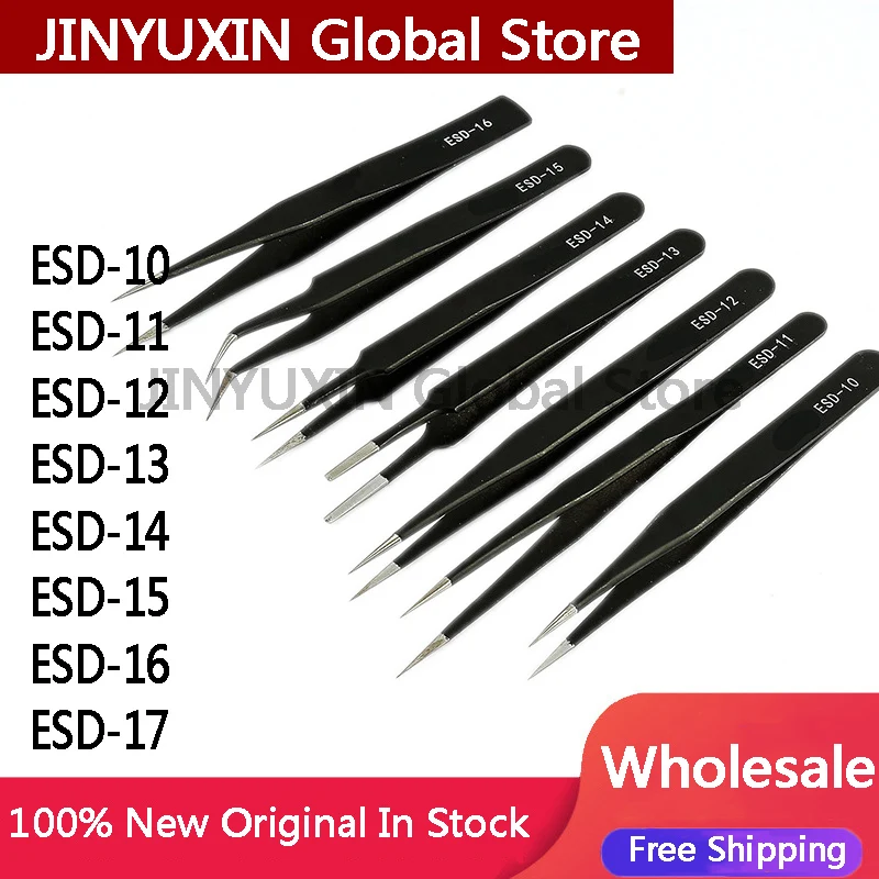 2Pcs tweezers ESD-10 ESD-11 ESD-12 ESD-13 ESD-14 ESD-15 ESD-16 ESD-17 anti-static pointed elbow stainless steel tweezers 1.5mm