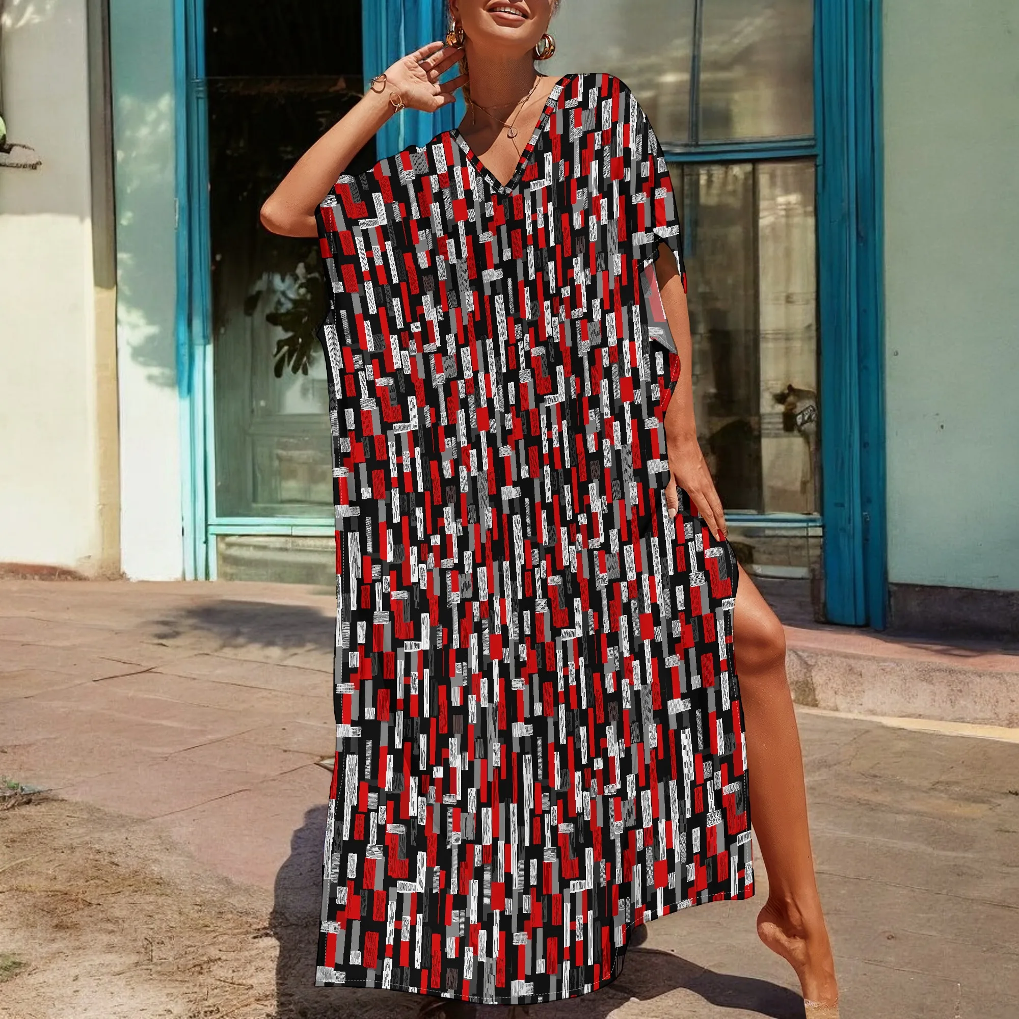 

Hip Hop Style Kaftan Dress S-3XL Red Black Letter Block Print Oversized Gown for Afro Streetwear or Festival