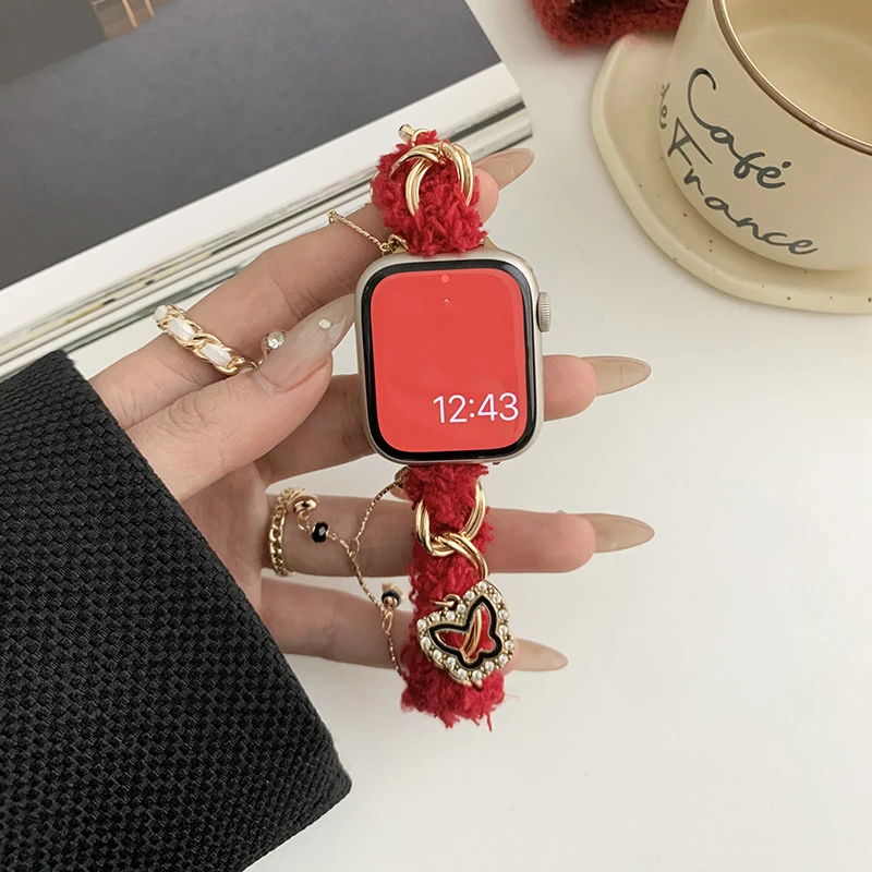 Luxury Plush Chain Strap for Apple Watch 44mm Band 41 38 40 45 Ultra 2 49mm Winter Women Bracelet for IWatch Series 7 8 9 SE 6 5