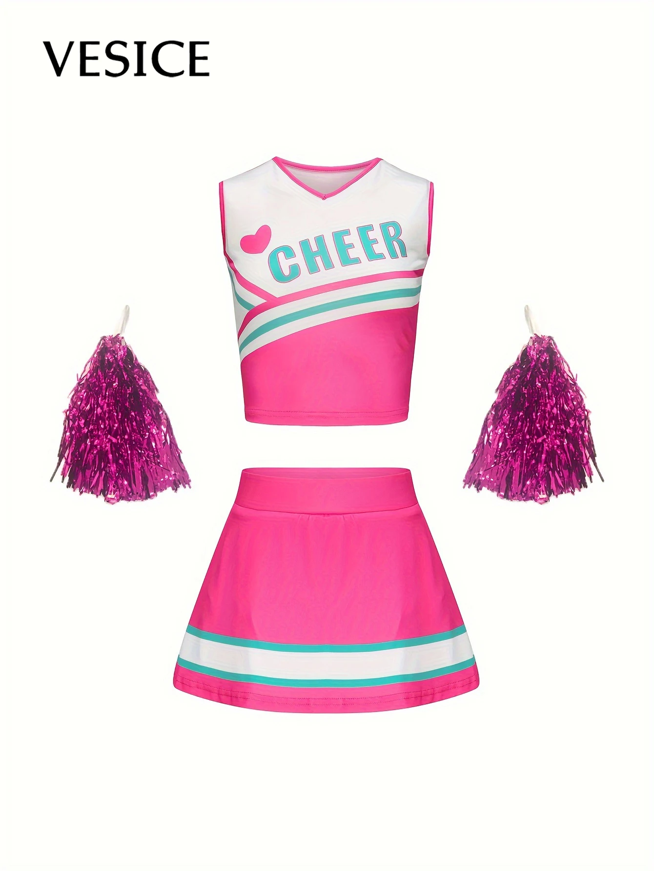 Love Printed Cheerleader Skirt Suit Girls Kids Back to School Season Cute Performance Uniforms Send Pom Poms