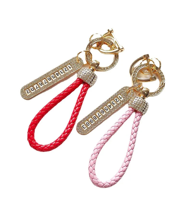 High quality jewelry Crystal Number Keychain Anti-lost Car Keychain Phone Number Card Keyring Leather Bradied Rope Accessories