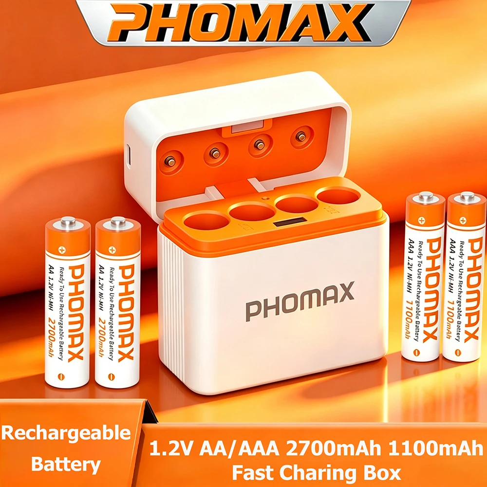 PHOMAX 1,2V NiMH Wiederaufladbare Batterie mit langer Lebensdauer, AA 2700mAh, AAA 1100mAh, mit 4-Slot-Schnellladegerät für Ni-MH Ni-Cd Zellen