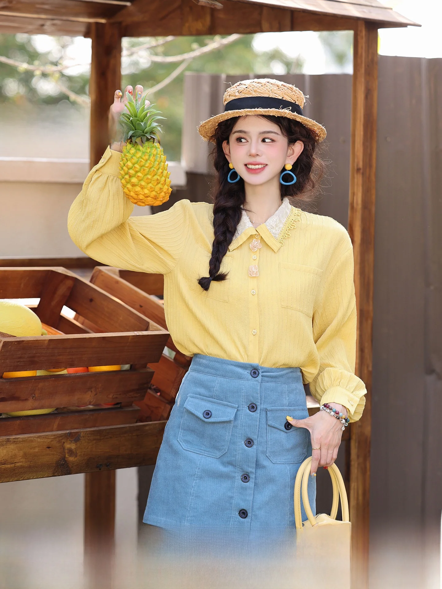 

Женская блузка-рубашка Early Spring Chen Jia Jie Lemon Ice Style: универсальная, стройнящая, с длинным рукавом и воротником, в стиле фрака