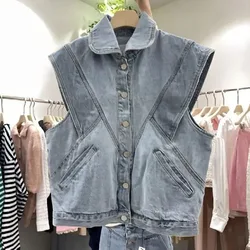 Women Denim Vest Chic Lapel Casual Button Sleeveless Jean Coat Female Solid Color Temperament Tank Top Vintage Fashion Waistcoat