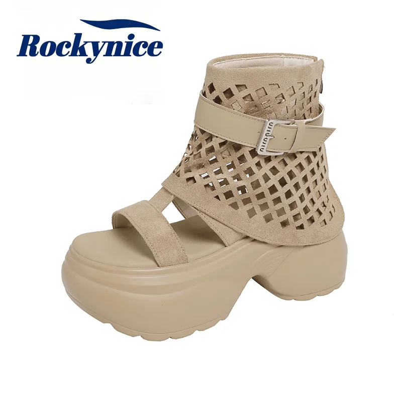 8CM Women's Roman Sandals Breathable Hollow out Summer Mesh Short Boots New 2026 Thick Heels Buckle Casual Leather Shoes Woman