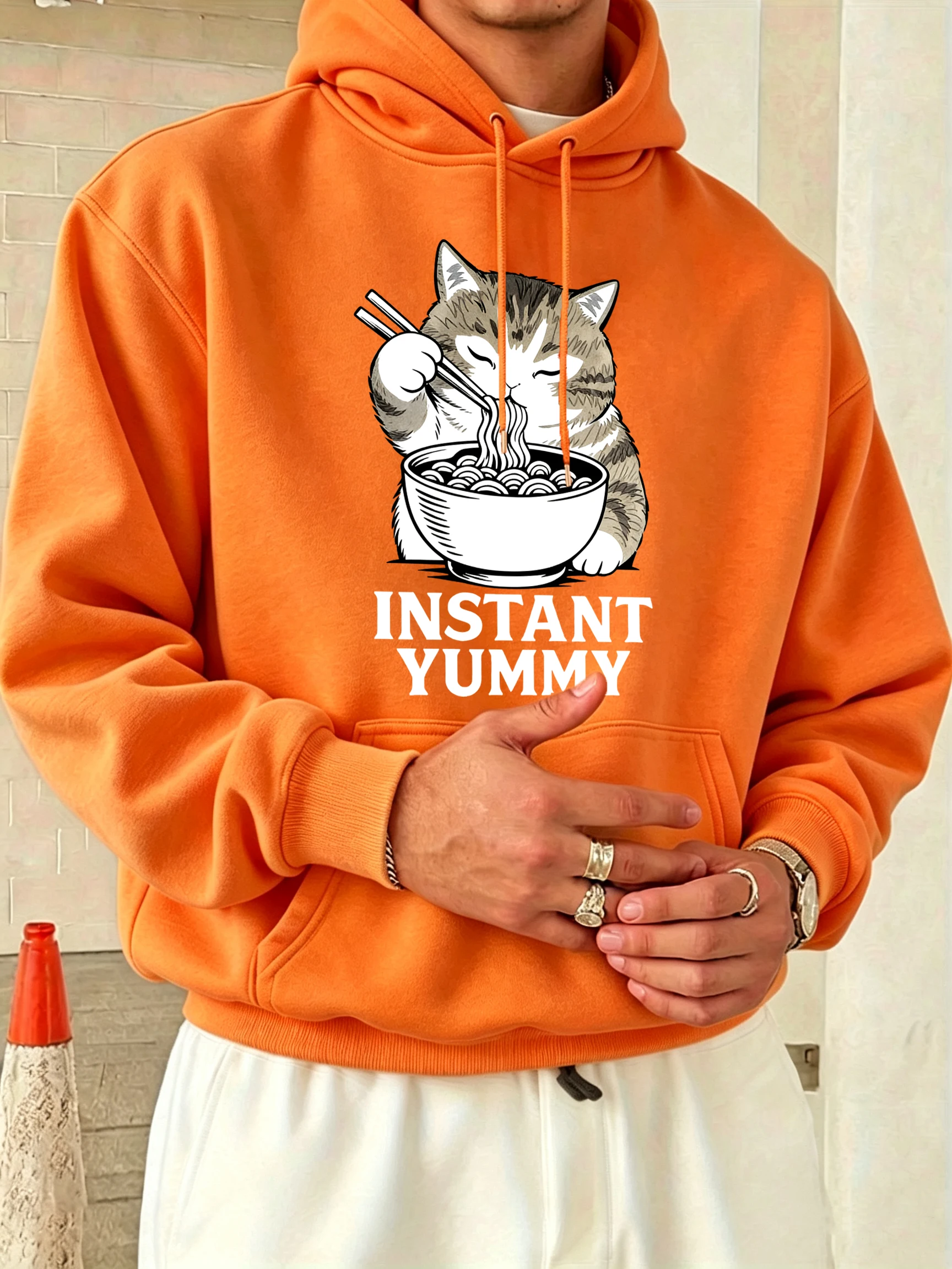 Kittens Eat Delicious Noodles Print Men Fleece Street Long Sleeve Sport O-Neck Loose Pullovers All-Match Basics Unisex Clothes