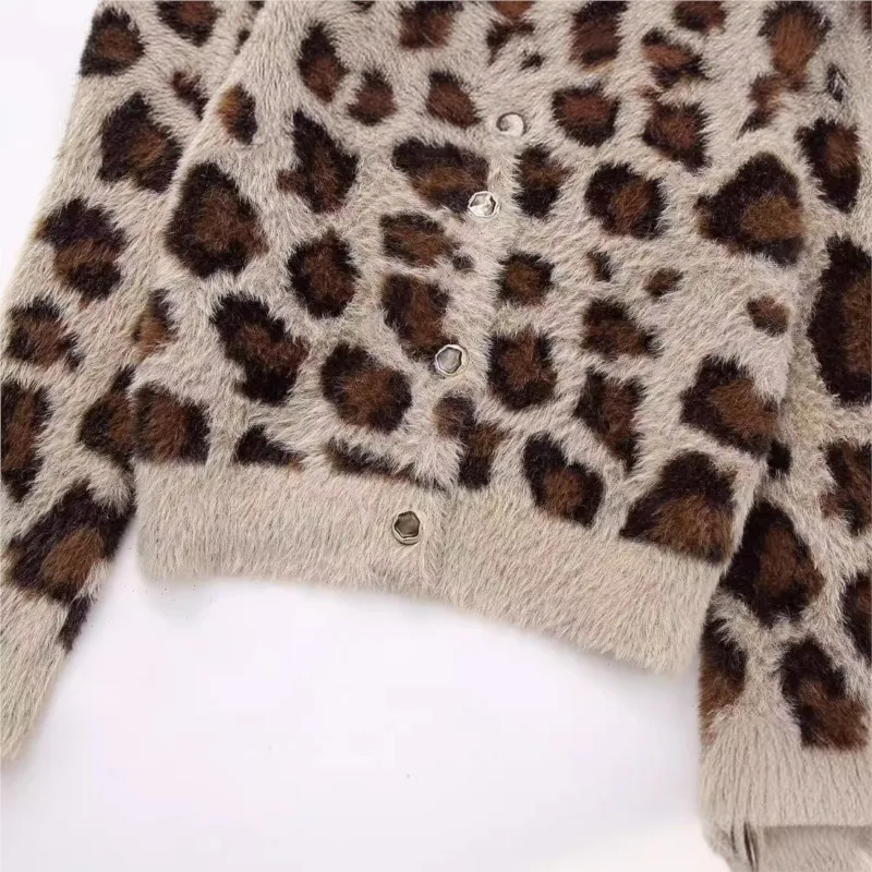 Women's Fashion Leopard Print Sweater Short Knitted Jacket Women's Chic Long Sleeve Button Up Kimono Jacket Casual Top