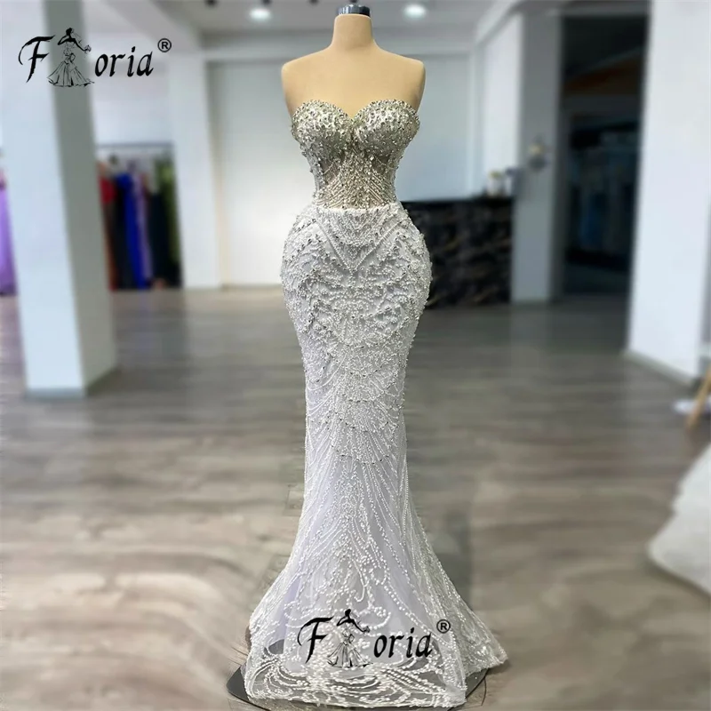 Vestido de novia de lujo de Dubái con escote en forma de corazón de marfil con tren desmontable, cuentas principales, vestido de novia de sirena de encaje de cristal, fiesta especial