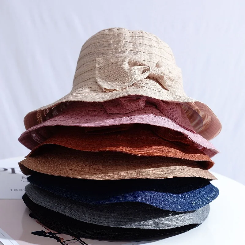 Women Bow Sun Hat With Wide Brim Foldable Removable Summer Sunscreen Anti UV Protection Fisherman Hat Lady Breathable Panama Hat