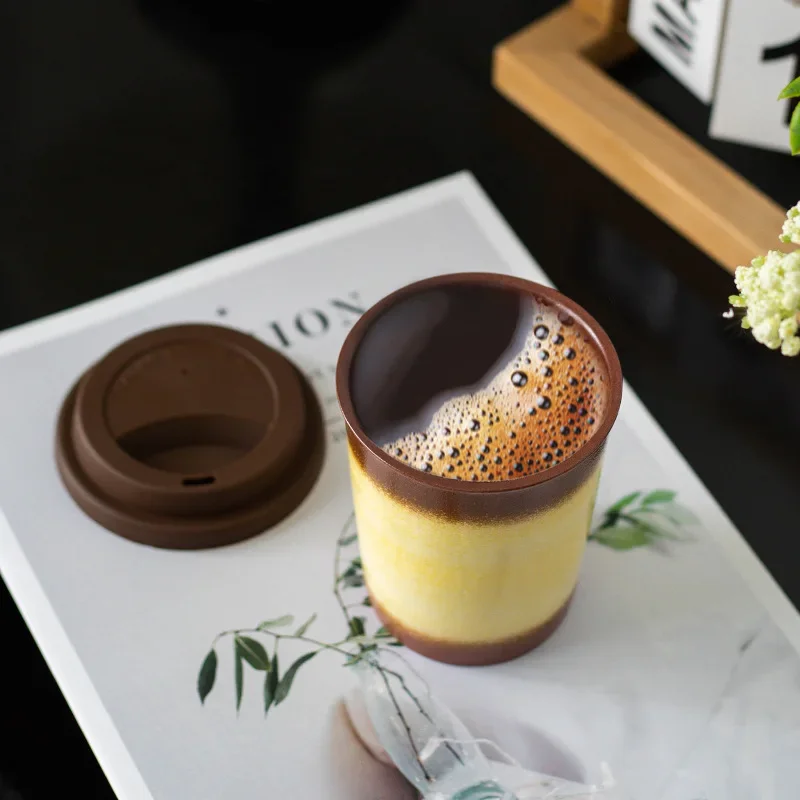 290/350ml Ceramic Coffee Cup Kiln Glazed Silicone Cover Portable Couple Latte Milk Tea Cup Coffee Cup Home Decor