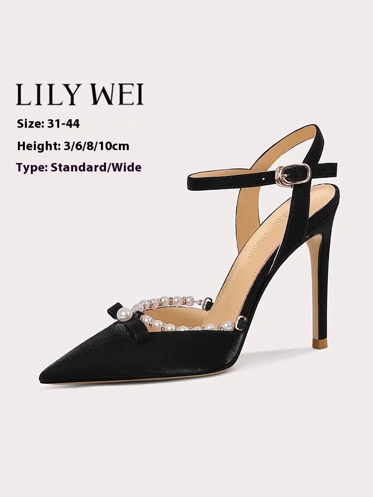 

Spring and summer new pointed toe cloth pearl bow widened sandals thin high heel banquet large size small size women's shoes