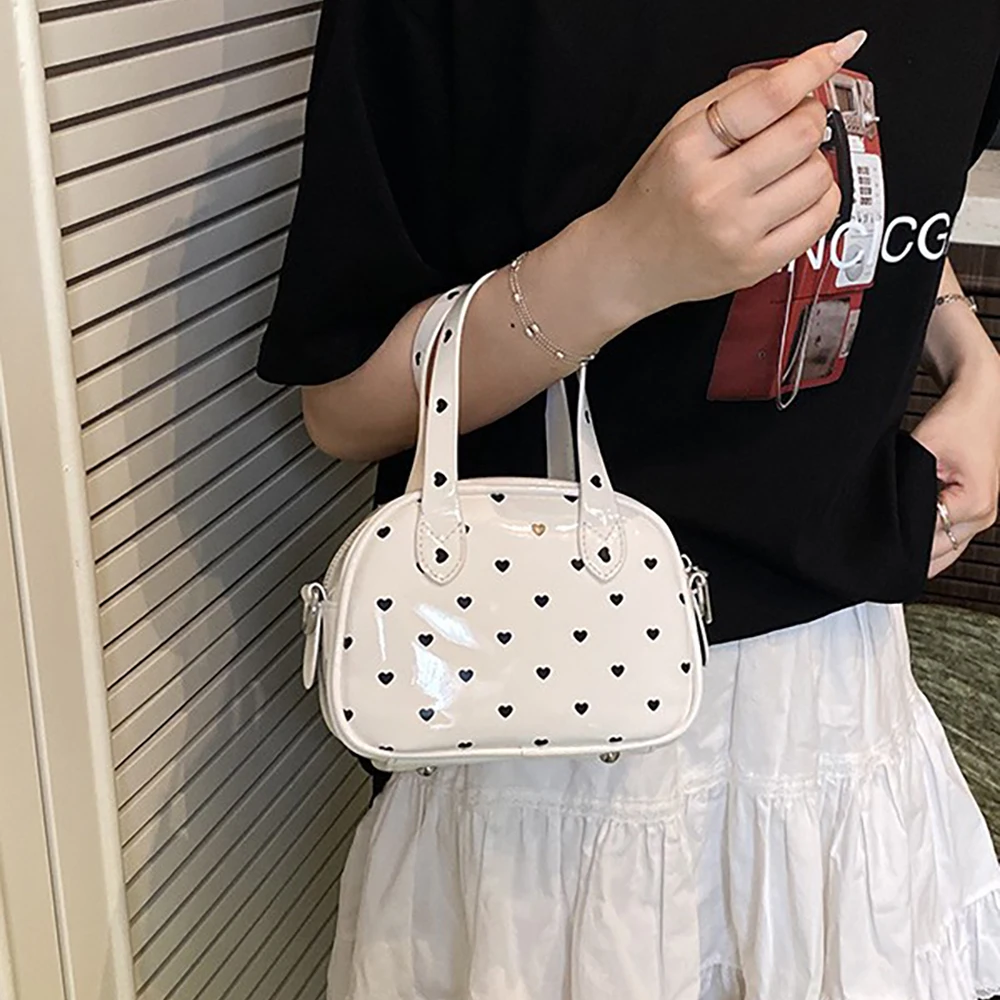

Red Patent Leather Glossy Small Crossbody Bags Women Contrast Color Bowling Handbags Casual Mini Single Shoulder Bag