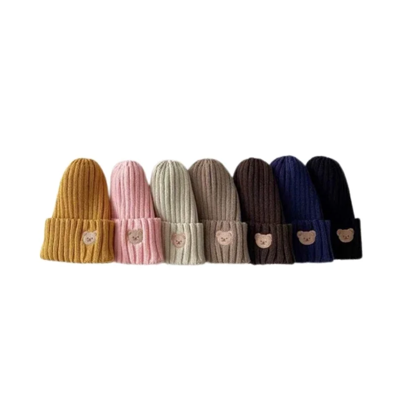 Korean Wool Knitted Hat Cute Cartoon Bear Embroidery Cap for Children 1 To 6 Years Winter Warm Outdoor Windproof Baby Beanie