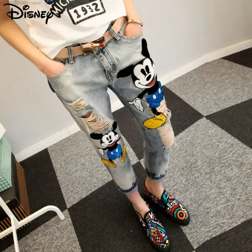 

Disney Cartoon Mickey Mouse Torn Denim Pants Women's Cropped Pants Korean Trend Popular Skinny Jeans Y 2k Gothic Aesthetic Jeans