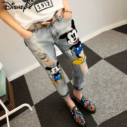 Disney Cartoon Mickey Mouse Torn Denim Pants Women's Cropped Pants Korean Trend Popular Skinny Jeans Y 2k Gothic Aesthetic Jeans