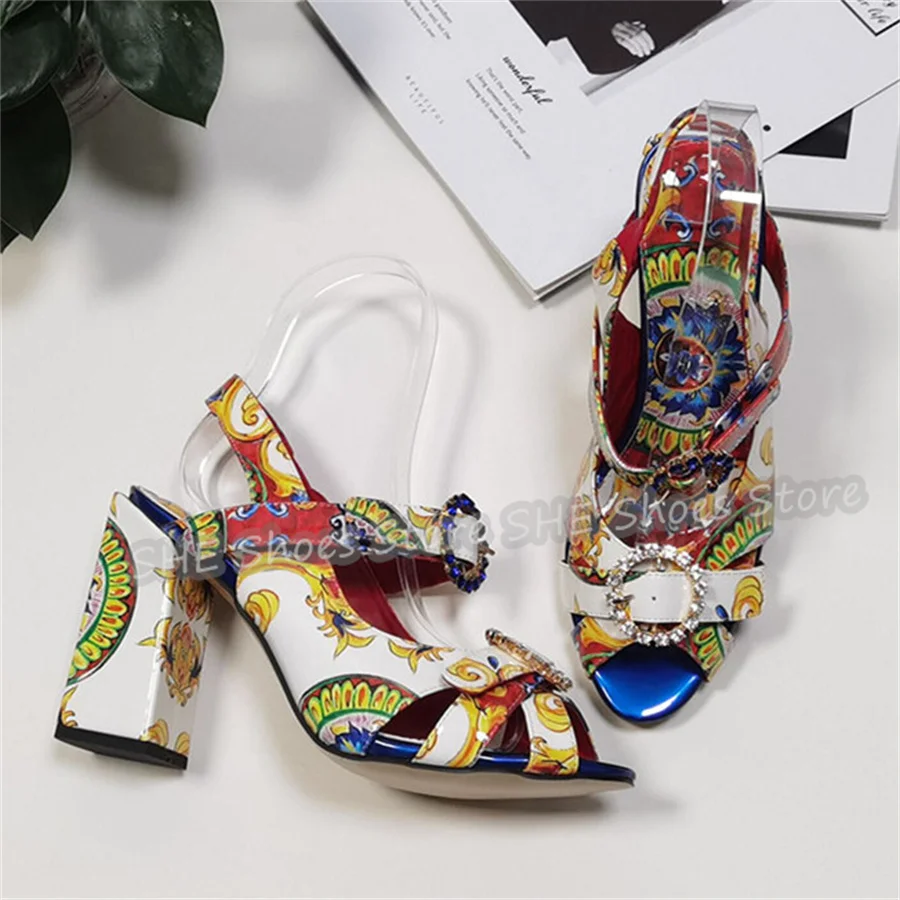 Colorful Floral Print Chunky Heel Sandals for Women Luxury Rhinestone Decor Party Dress Shoes Peep Toe High Heel Gladiator Pumps