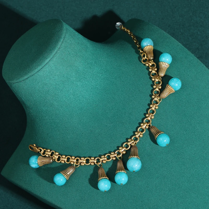 

Vintage Turquoise Tassel Balls Charm Bracelets Antique Gold Color Drop Blue Jewelry Luxury 2026 New Trends Festival Gifts Party