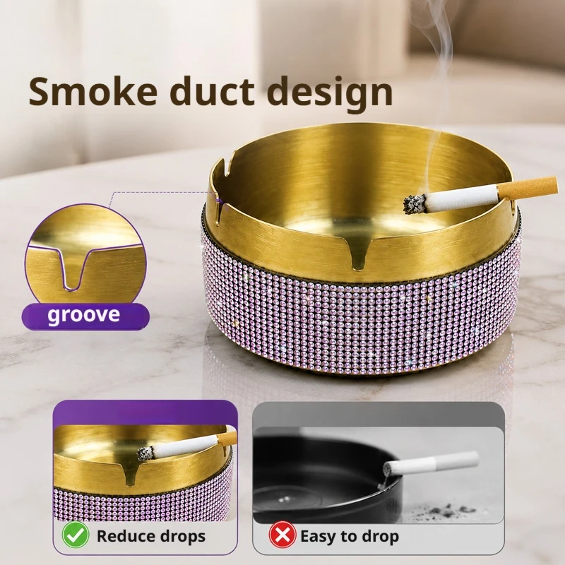 Diamond-Embellished Gold-Rimmed Stainless Steel Ashtray, Home-Use Anti-Smoke Ashtray, Light Luxury Desktop Decorative Ashtray, a