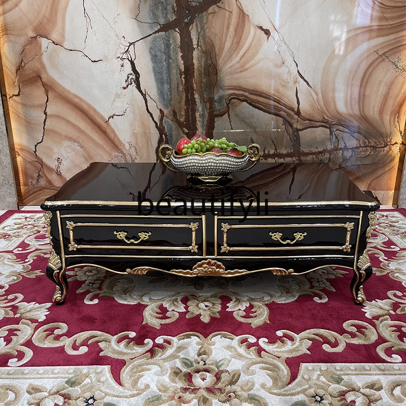 

French solid wood large coffee table European luxury carved large tea table small apartment living room home