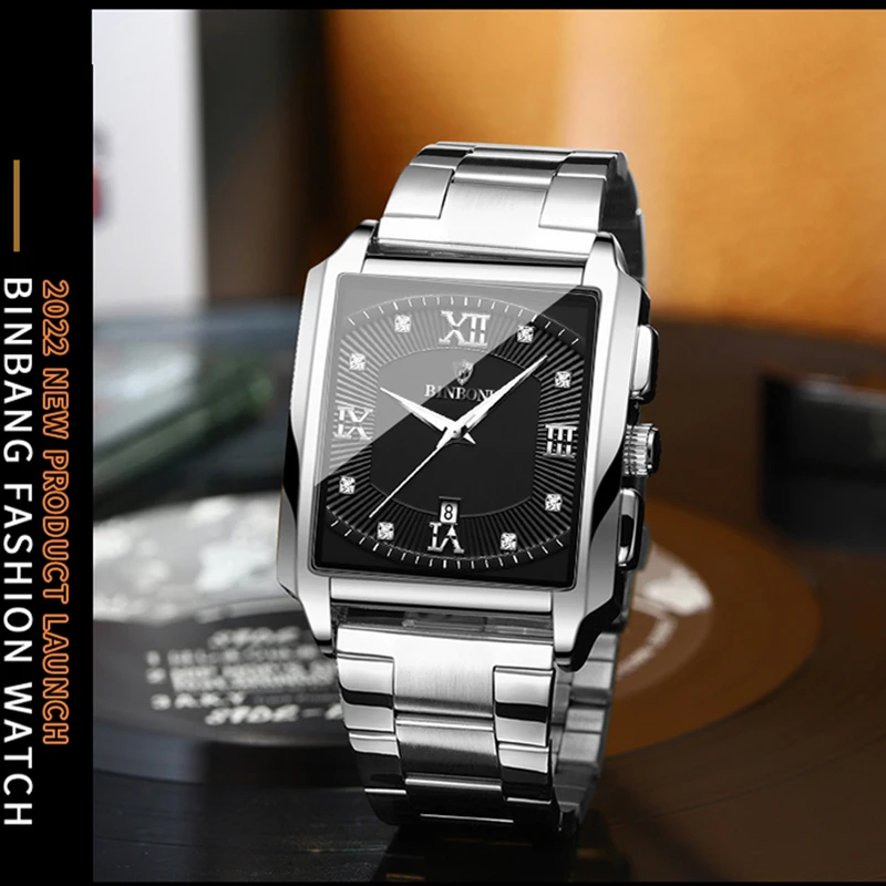 BINBOND Top Luxury Square Fashion Men Watches Square Quartz Stainless Steel Waterproof Sport Automatic Date Business Men Watches