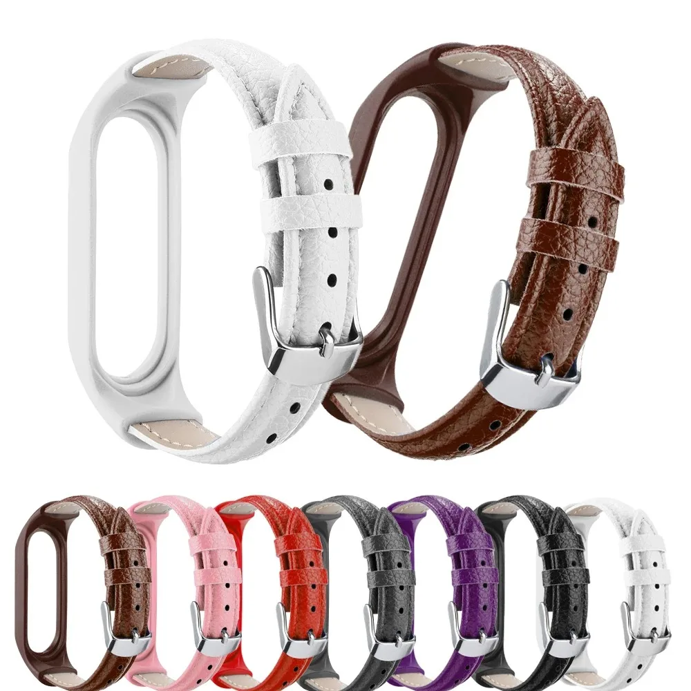 

PU Leather Leather Strap Wristband with Metal Connectors Watchband Replacement Accessories Bracelet for Xiaomi Mi Band 7 6 5 4 3