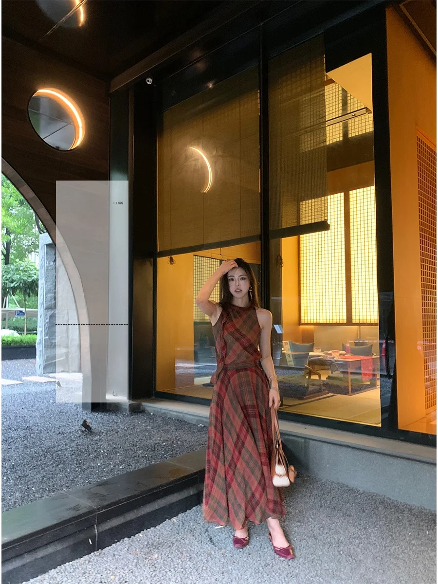 

Summer New Sle Linen Set Women's Plaid Vest Skirt Faion Age Reduction Ele Sle round Ne Two-Piece Suit