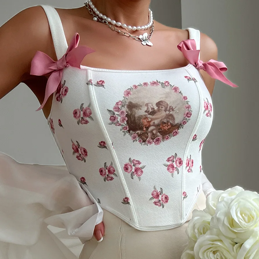 Women Floral Corset Tops Pink Bow Bustier Camisole Lace-up Shapewear White Top Slim Lingerie Halter Bodices Tank Top Bodyshaper