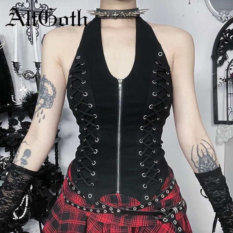 

AltGoth Cyber Punk Gothic Vest Women Streetwear Y2k E-girl Emo Alternative Grunge Harajuku Eyelet Bandage Crop Tank Tops Female