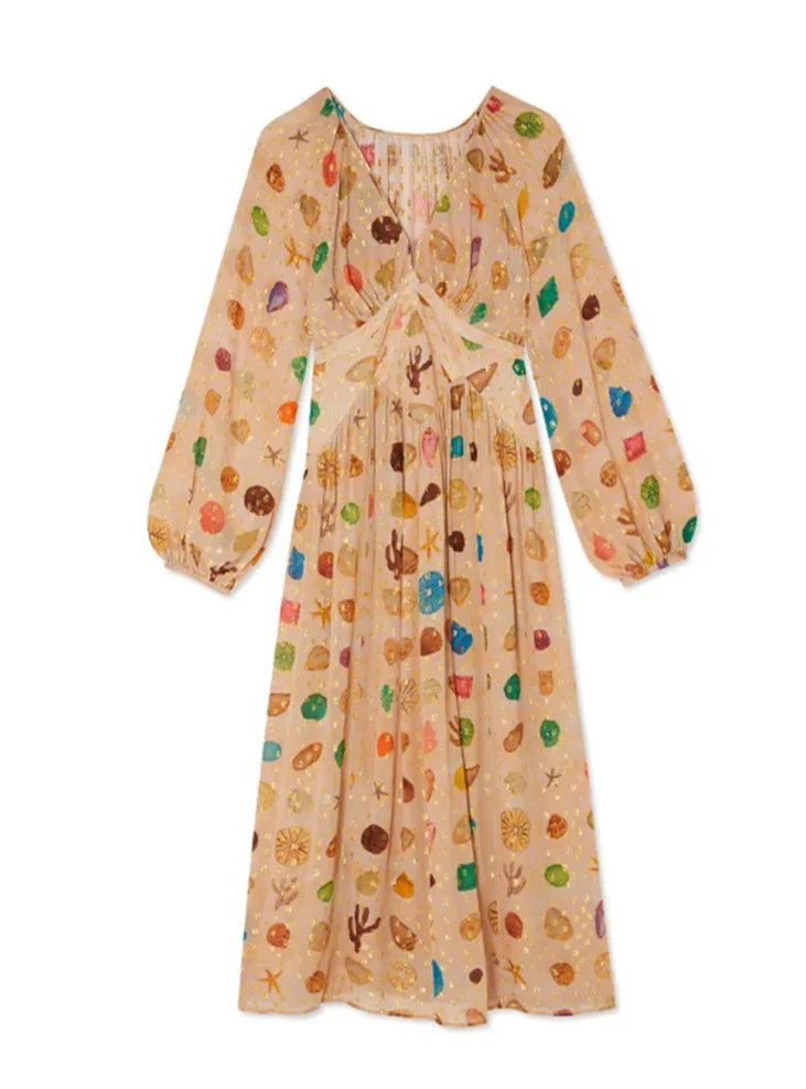 เดรสยาวพิมพ์ลายโบฮีเมียนสำหรับผู้หญิง ดีไซน์หรูหรา แขนพองเต็มตัว คอวี ทรงเอไลน์ เหมาะสำหรับฤดูใบไม้ร่วง