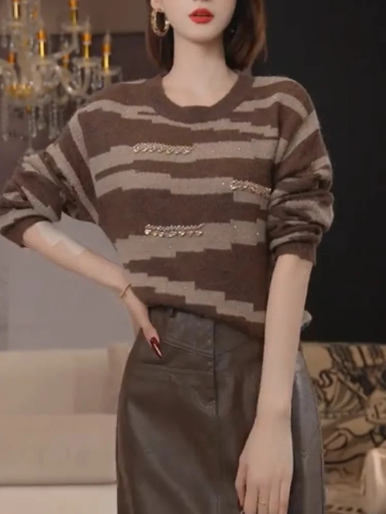 

Retro Korean Sle Striped Beaded round Ne Sweater Autumn New Arrival plus Size Versatile Agel Top Warmth Emitting Long ...