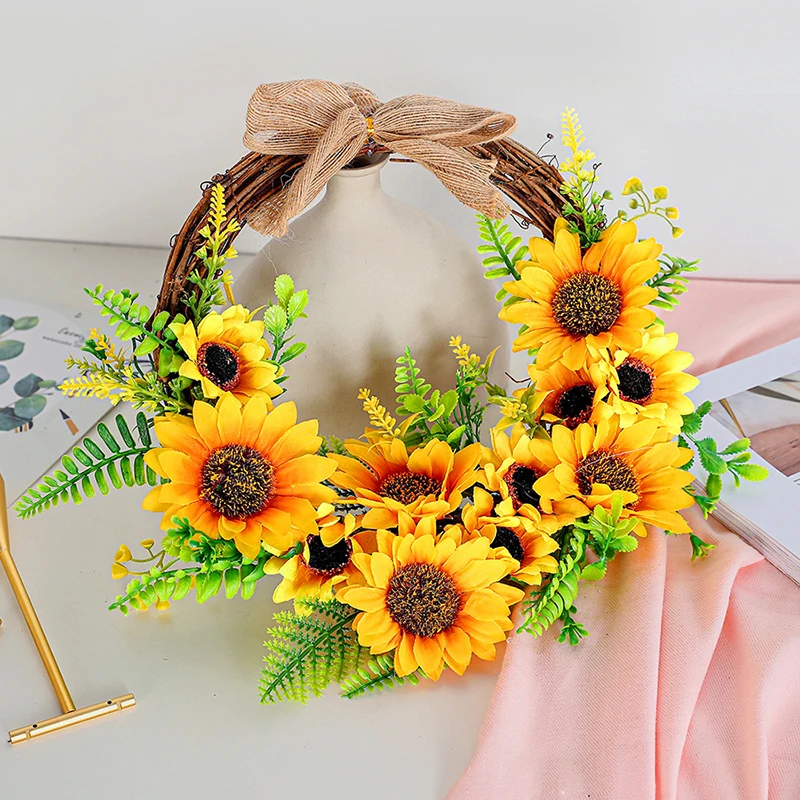 Artificial Sunflowers Wreath Door Hanging Flower Wreath With Yellow Sunflower And Green Leaves For Wall Window Home Party Decor