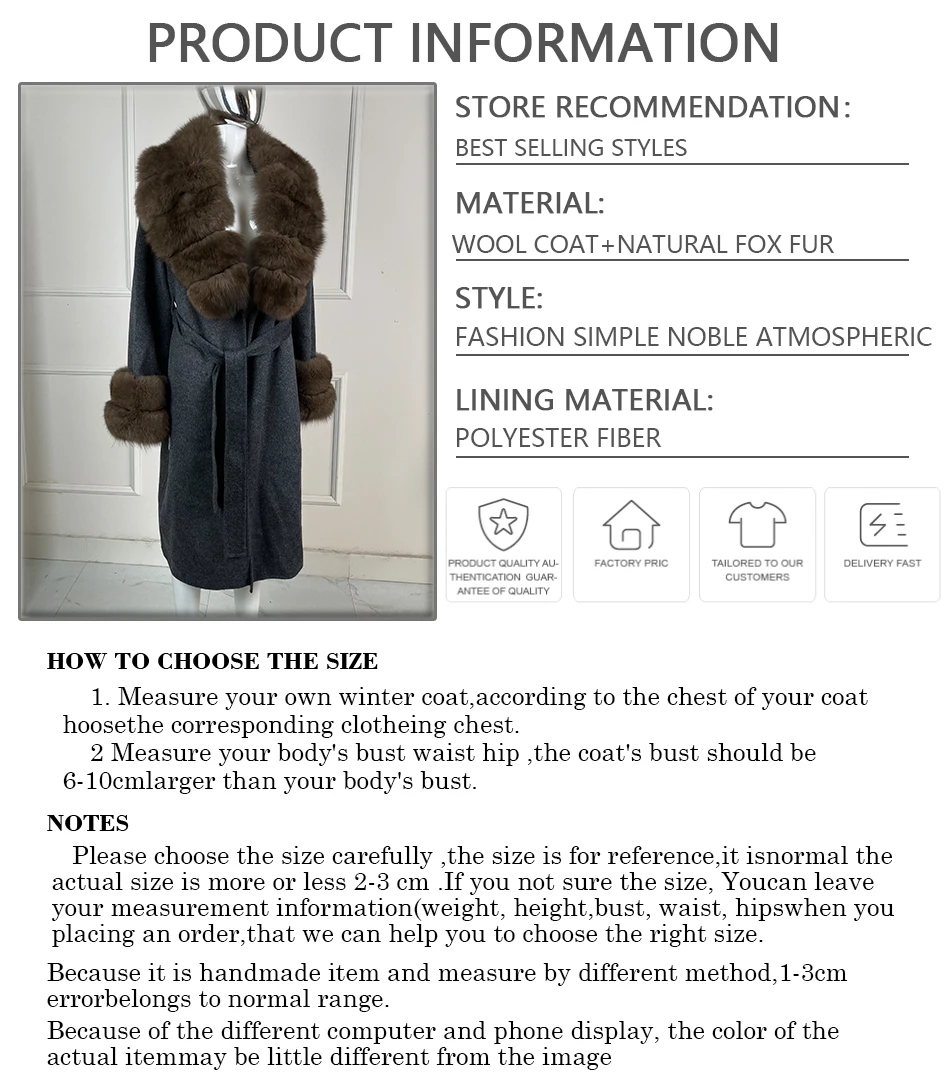 Mantel aus Wollmischung, echte Fuchspelzjacke mit Gürtel, langer Kaschmir-Wollmantel, luxuriöse Woll-Trenchcoats