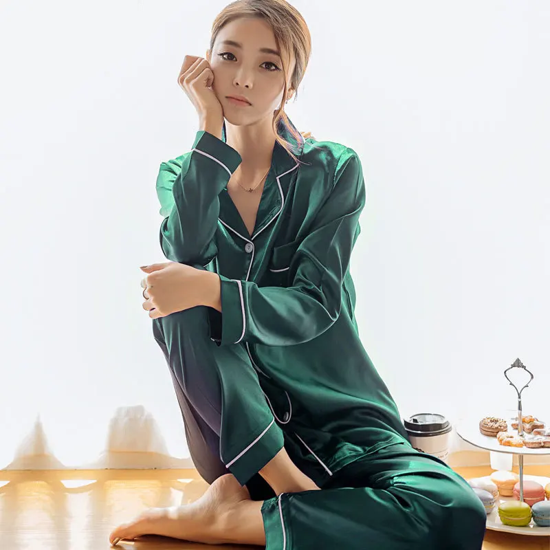 VOLALO-Pyjama en satin à manches longues pour femmes, ensemble deux pièces, vêtements de nuit