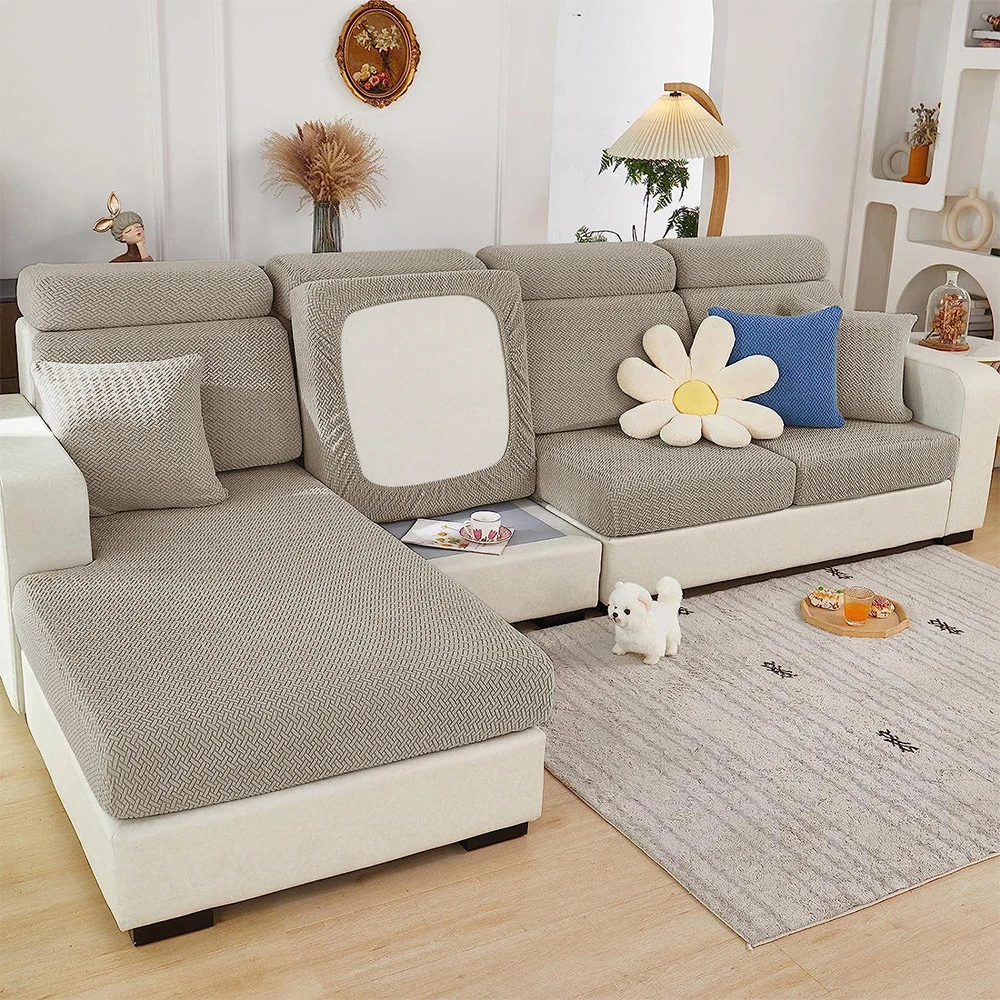 Jacquard Twill Sofa Cover Living Room Removable Soft Stretch Sofa Slipcover Chaise Lounge Case Solid Color Washable Seat Cover
