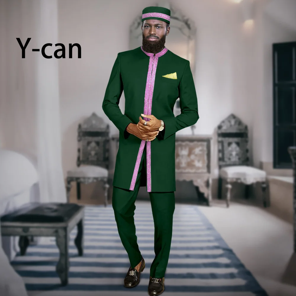 

African Suits for Men Slim Fit Set Dashiki Applique Jacket and Trousers Match Muslim Caps Bazin Riche Attire Wedding A2316065