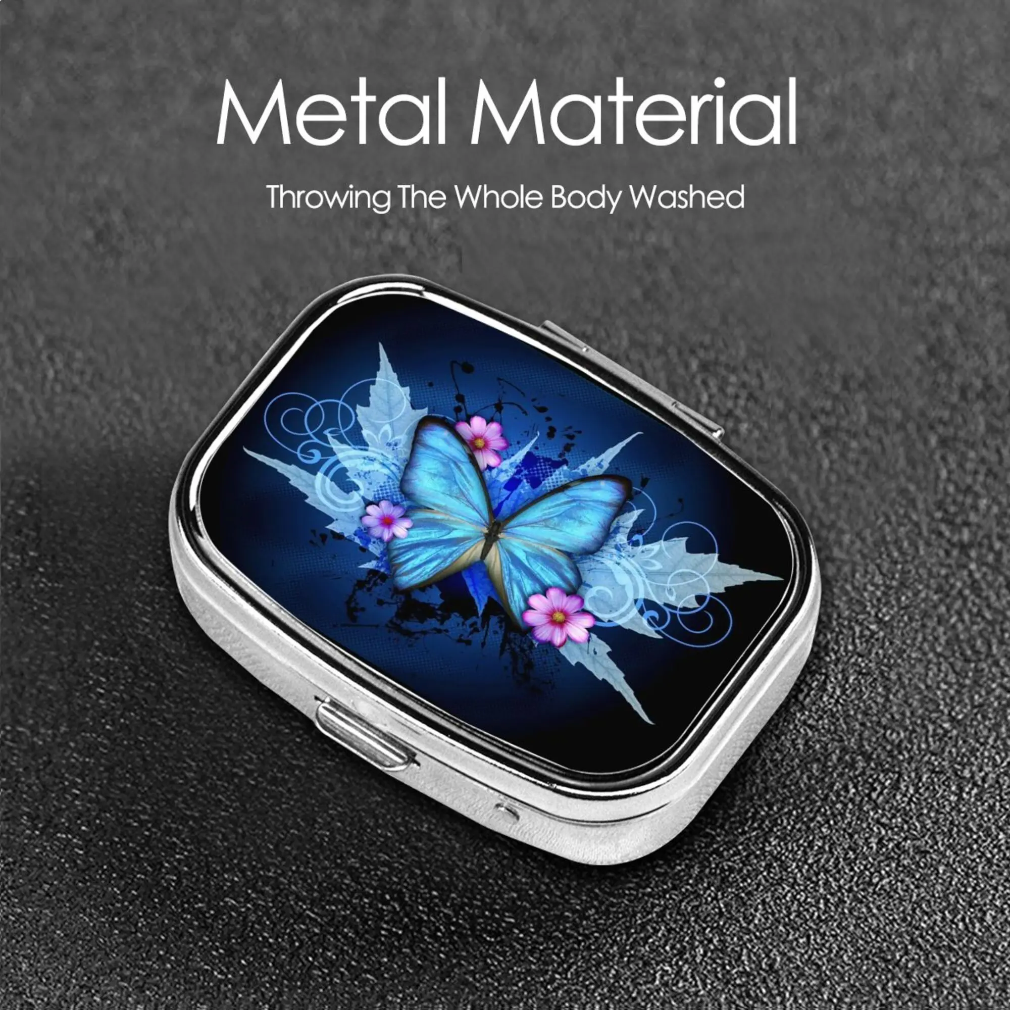 Pretty Purple Butterfly Square Pill Box 2 Compartment Pill Case for Purse & Pocket Portable Metal Medicine Vitamin Organizer