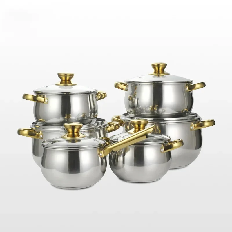 Hot selling stainless steel cookware set for cross-border foreign trade, gold handle cookware gift set, pot glass cover five