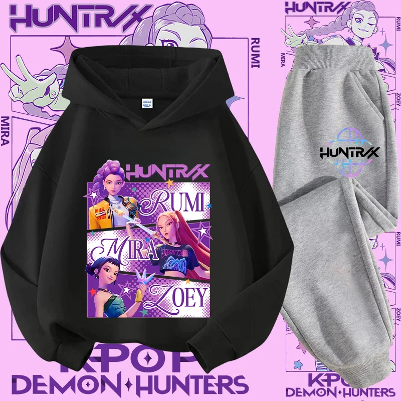 يجب أن يأتي الأطفال العصريين! مجموعة الرسوم المتحركة Kpop Witch Hunt، هوديي وسروال بألوان متباينة، ملابس أطفال على طراز الرسوم المتحركة في الشارع